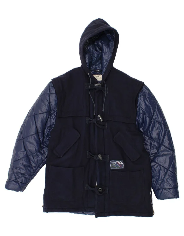 Men's Coats with ZippersBAU Mens Hooded Padded Duffle Jacket UK 46 3XL Navy Blue Colourblock Wool