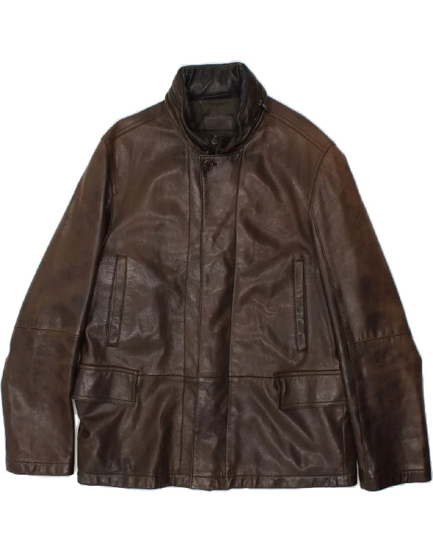 Men's Coats with Contrast StitchingPRADA Mens Leather Jacket IT 54 2XL Brown Leather