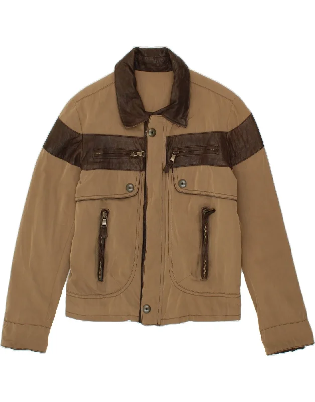 Men's Coats for BikingVINTAGE Mens Bomber Jacket IT 50 Large Brown Colourblock Leather