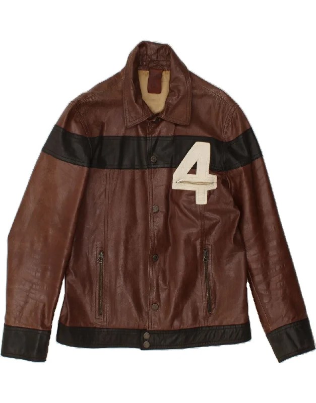Men's Coats with Stretch FabricVINTAGE Mens Graphic Leather Jacket UK 36 Small Brown Colourblock Men's Coats with Stretch FabricVINTAGE Mens Graphic Leather Jacket UK 36 Small Brown Colourblock