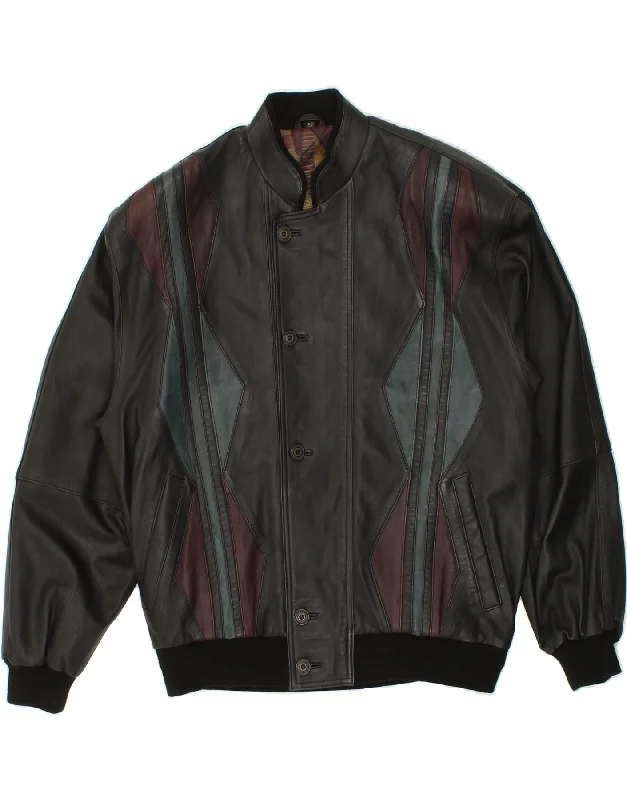 Men's Coats with Snap ButtonsVINTAGE Mens Leather Jacket IT 52 XL Black Leather