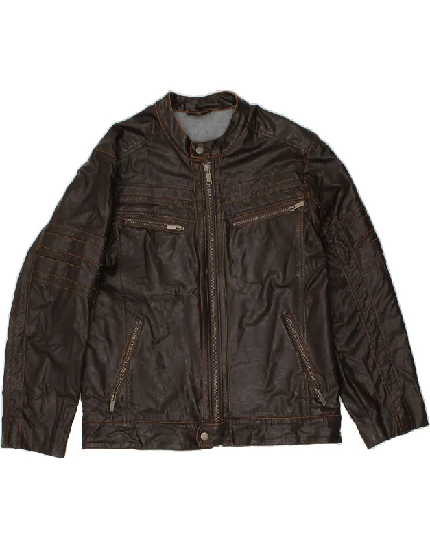 Men's Coats Made in ItalyVINTAGE Mens Leather Jacket UK 42 XL Brown Polyester