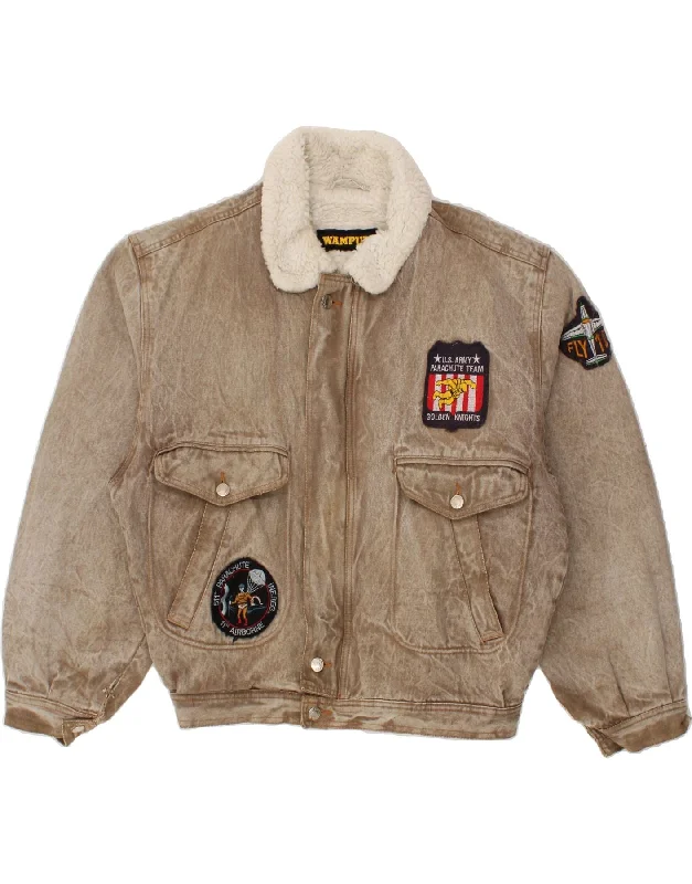 Men's Coats with Tactical FeaturesWAMPUM Mens Graphic Sherpa Flight Aviator Jacket UK 38 Medium Brown Men's Coats with Tactical FeaturesWAMPUM Mens Graphic Sherpa Flight Aviator Jacket UK 38 Medium Brown